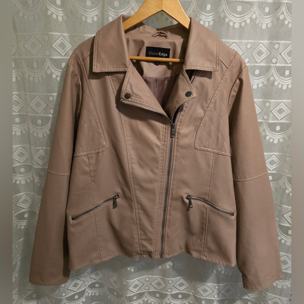 Outer Edge Pale Pink Faux Leather Biker's Style Collar Jacket Zip Up Women's 1X